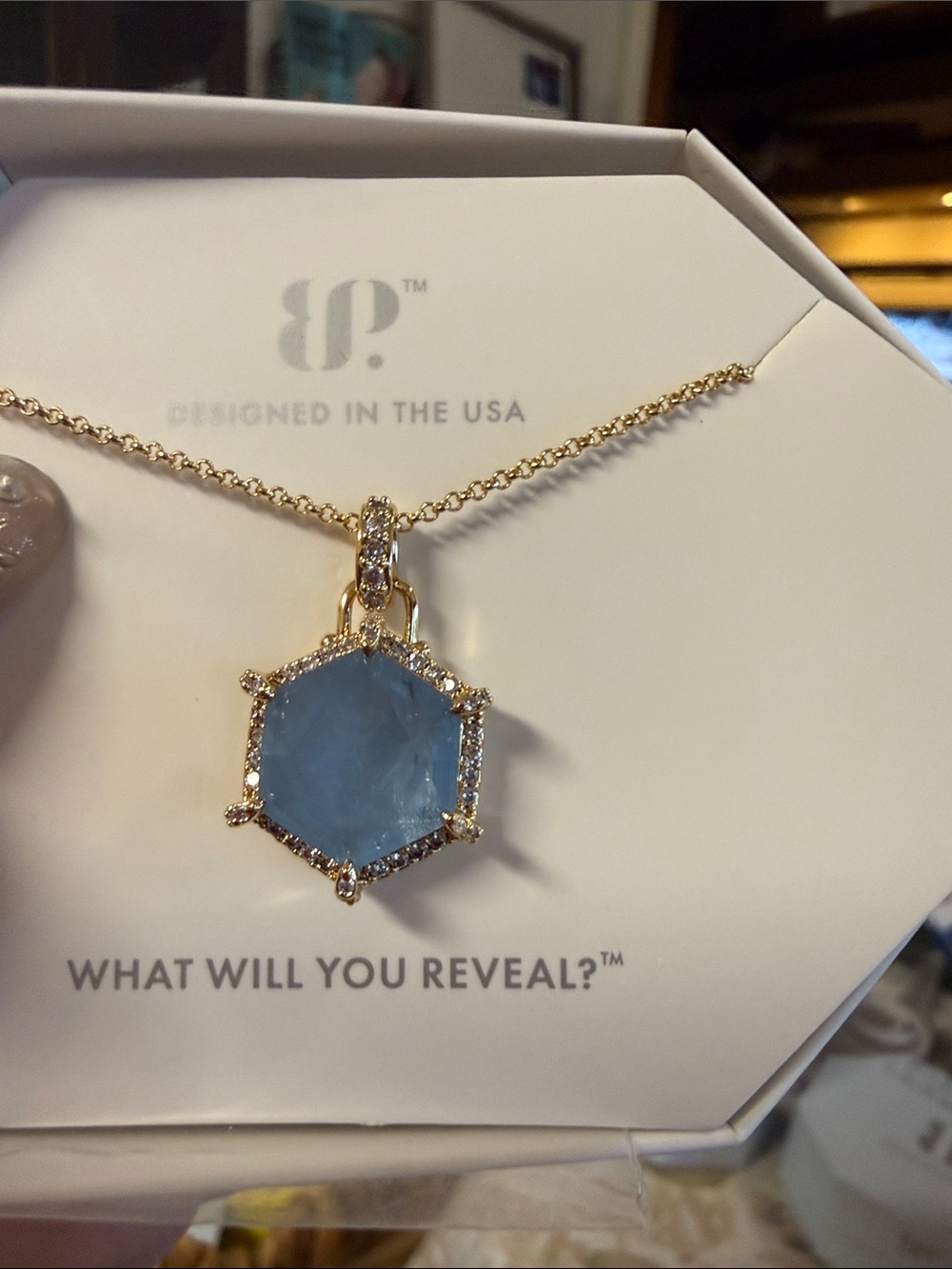 Gold Necklace with Light Blue Hexagon Pendant and Pavé Accents